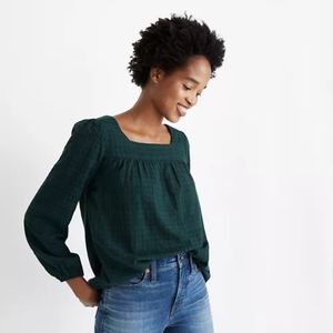 Madewell plaid square neck peasant top xl green long sleeve
